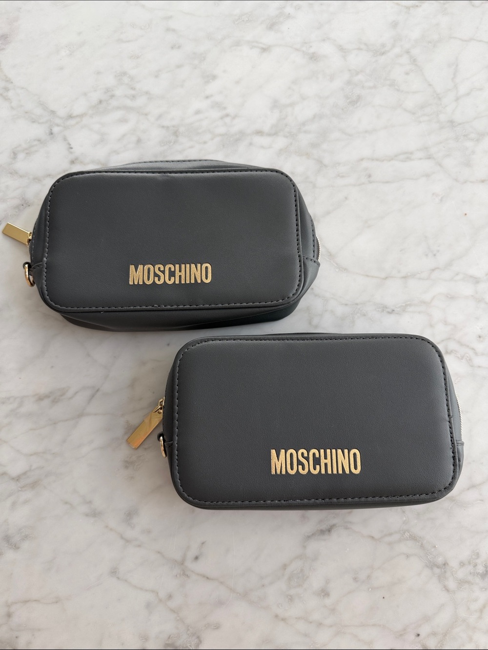 Set of 2 Moschino Gray Leather Zip Amenity Make-up Travel Case Pouch